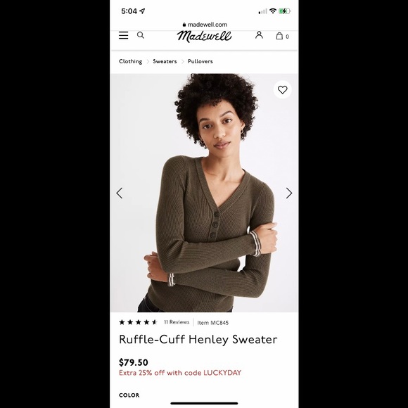 NWT Madewell Ruffle-Cuff Henley Sweater in Dark Green - Picture 1 of 7